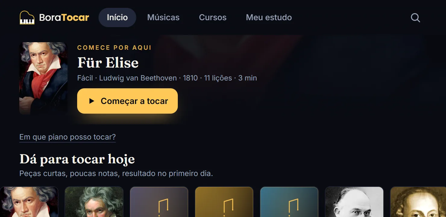 Tela inicial do BoraTocar com fileiras de capas de músicas